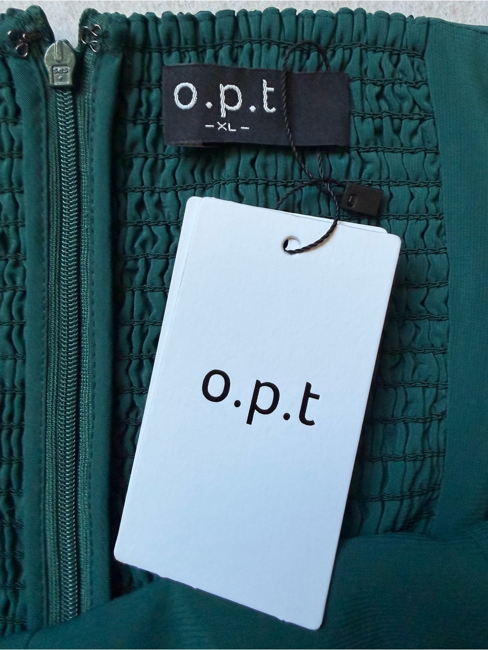O.P.T. Emerald Green Satin Smocked Ruffle Midi Dress Size XL NWT - Picture 2 of 12